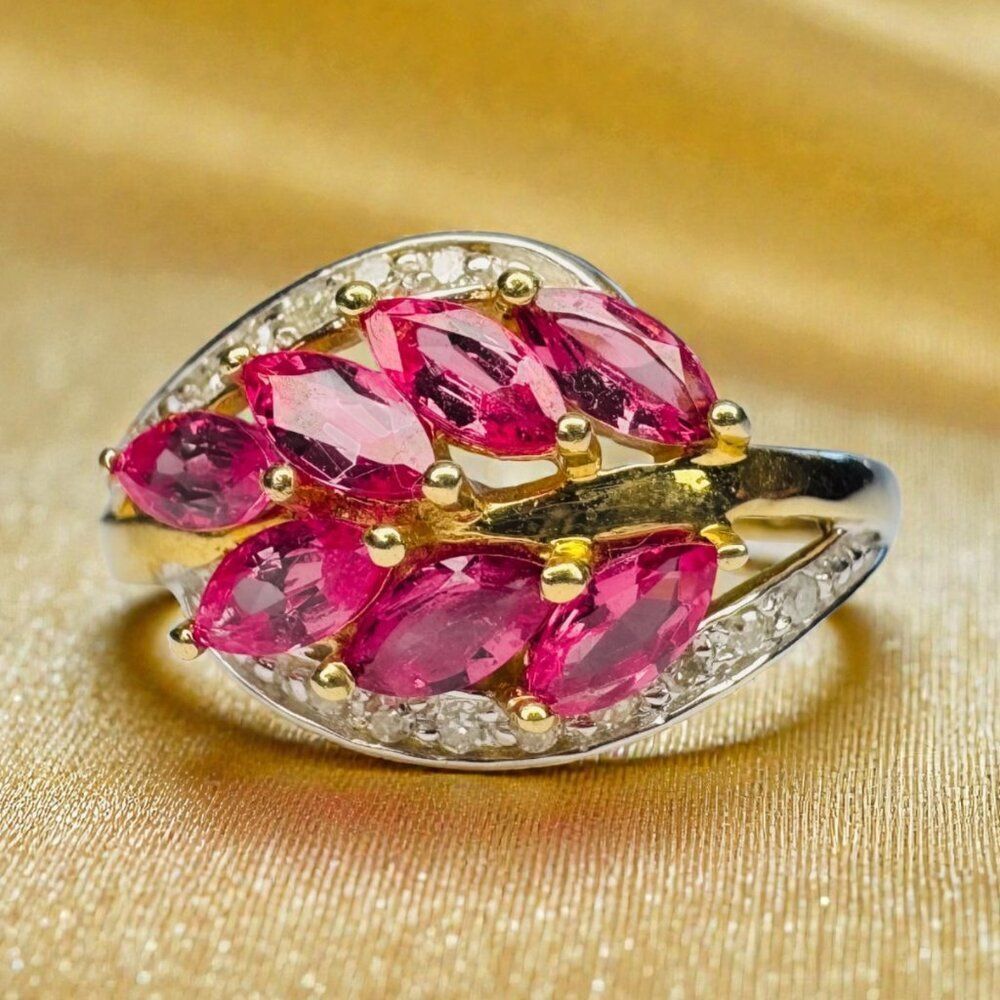 VINTAGE- 10K Gold- Marquise Ruby & Diamond Ring -Size 8- 1.35cttw Leaf Ring 3g